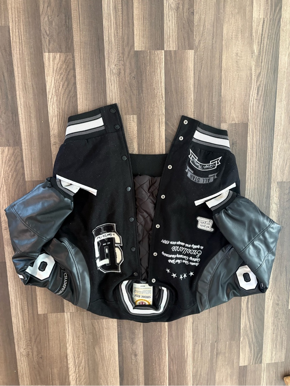 Black Patchwork Varsity Jacket with Faux Leather Sleeves